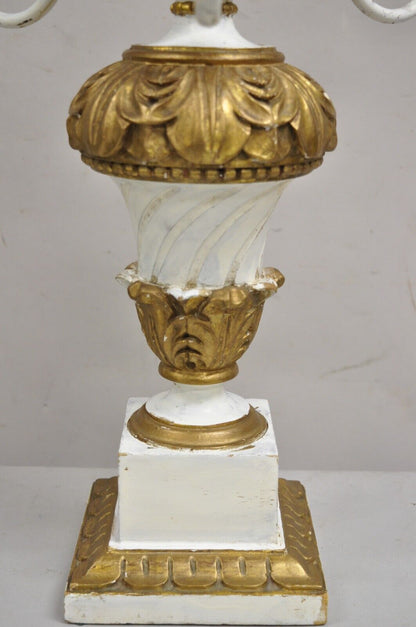 Vintage Italian Hollywood Regency Giltwood White & Gold Candelabra Table Lamp