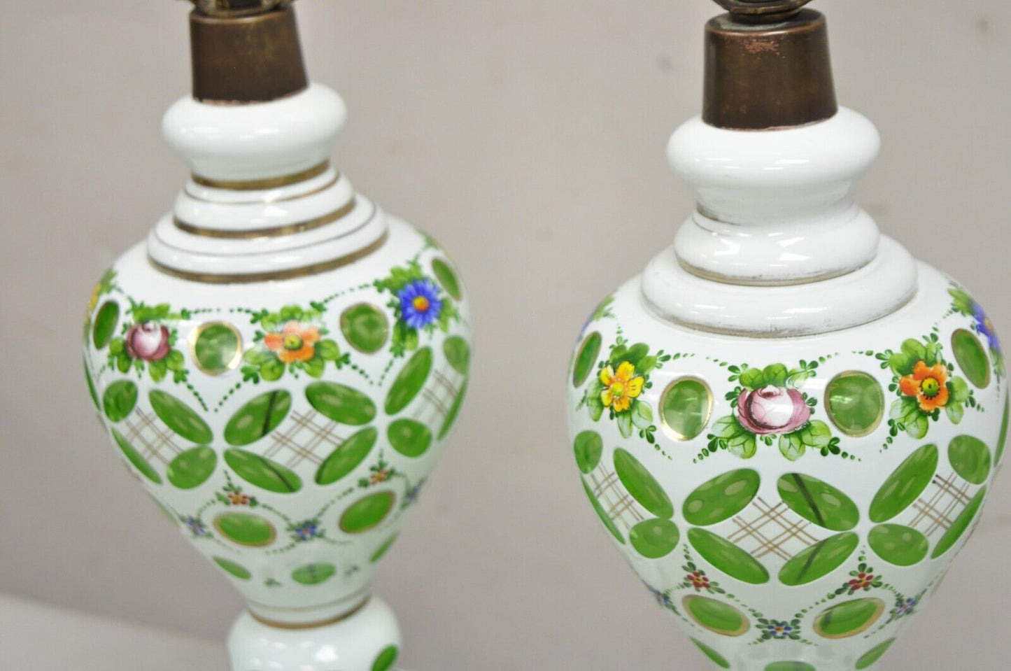 Antique Czech Bohemian Glass Emerald Green Flower Painted Table Lamps - a Pair