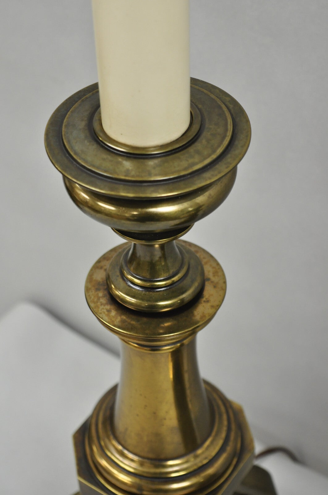 Vintage Hollywood Regency Burnished Brass Tall Candlestick Table Lamps - a Pair
