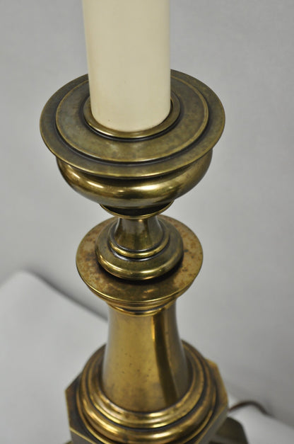 Vintage Hollywood Regency Burnished Brass Tall Candlestick Table Lamps - a Pair