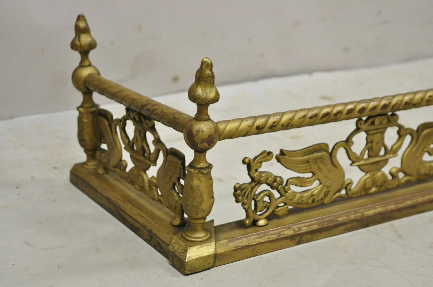 Antique Victorian Figural Swan Bird Twisted Brass 48" Fireplace Fender Surround