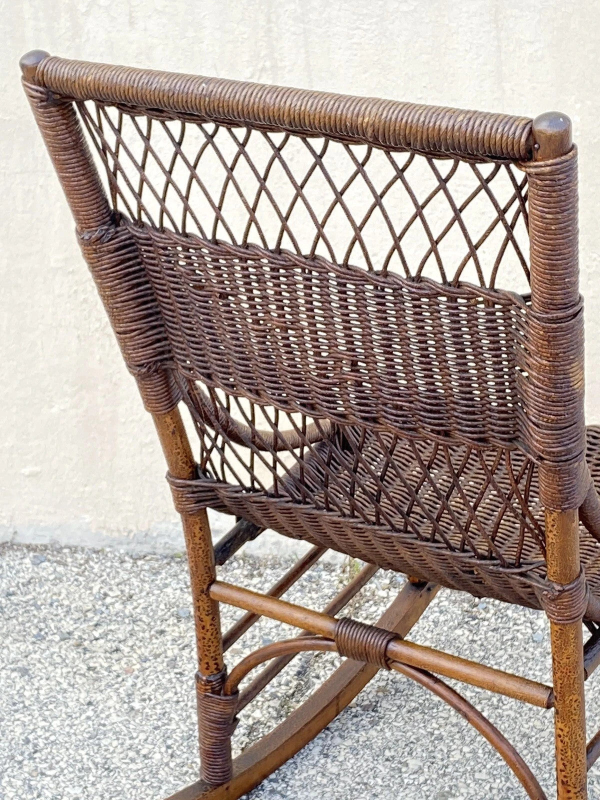Antique Victorian Wicker and Rattan Wooden Small Rocking Chair Rocker