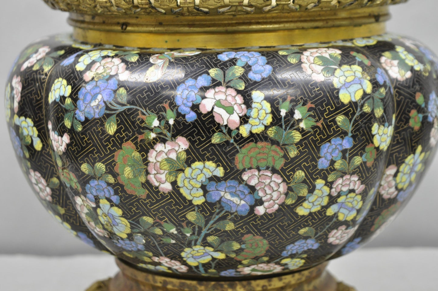Antique Chinese Black Cloisonne Enamel Butterfly & Flower Bronze Cachepot Vase