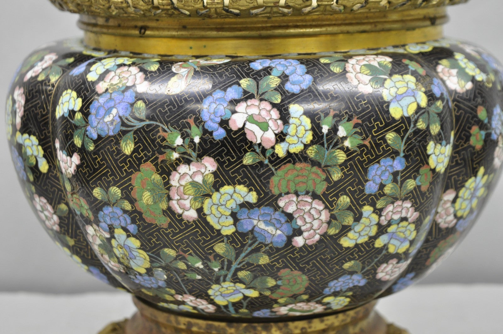 Antique Chinese Black Cloisonne Enamel Butterfly & Flower Bronze Cachepot Vase