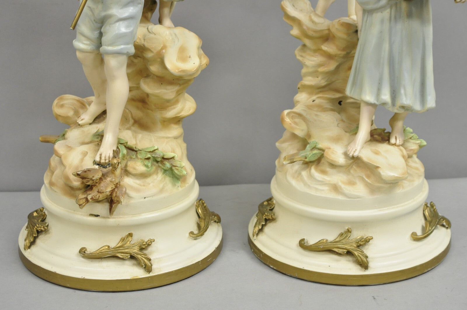Antique L&F Moreau Victorian Painted Spelter Metal Figural Table Lamps - a Pair