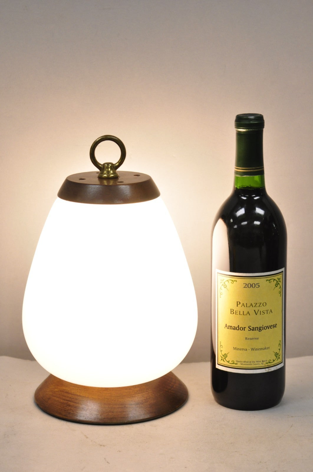 Mid Century Modern Azucena Style Small White Glass Egg Shade Walnut Table Lamp