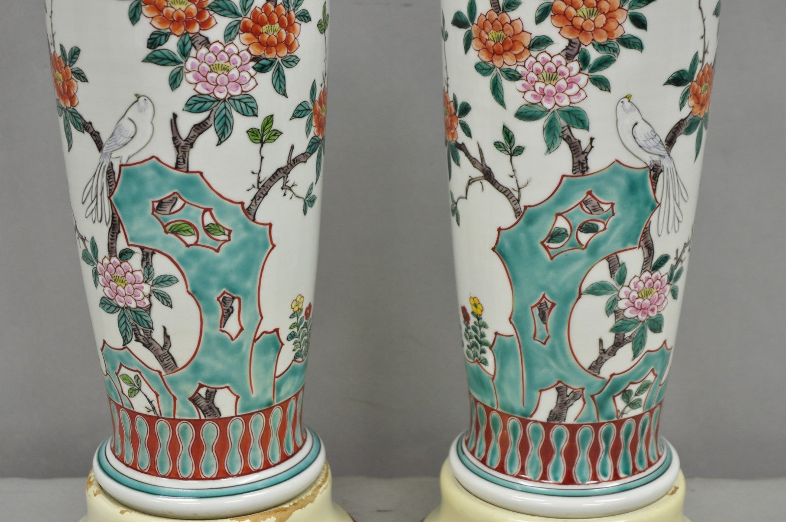 Vintage Chinoiserie Chinese Porcelain Jardinière Vase Flower Table Lamps - Pair