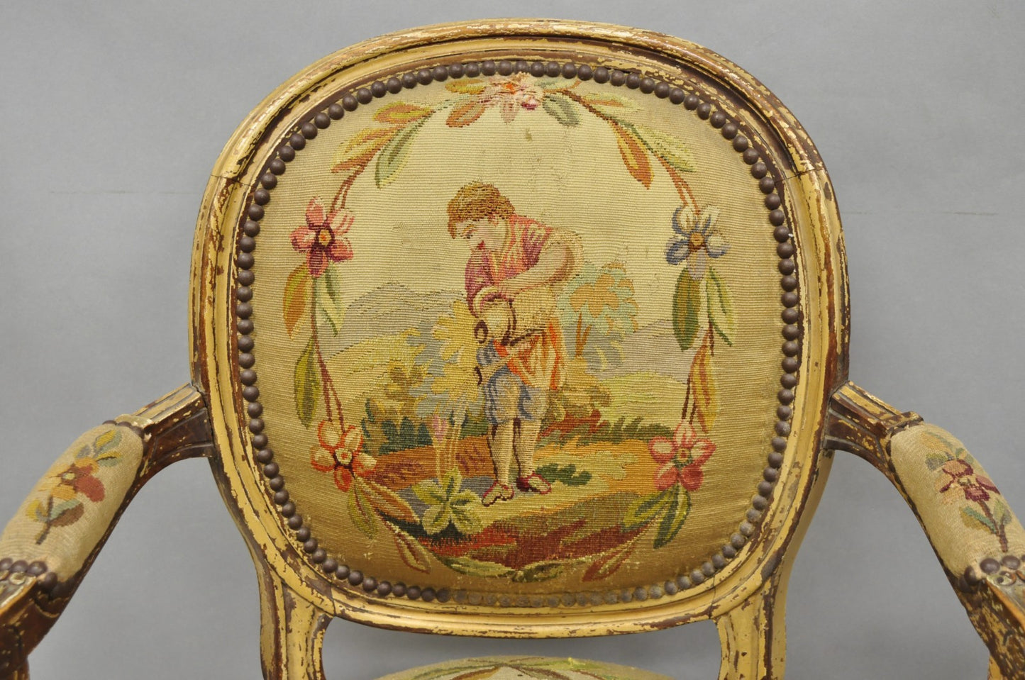 Antique French Louis XVI Style Aubusson Tapestry Fauteuil Arm Chairs - a Pair