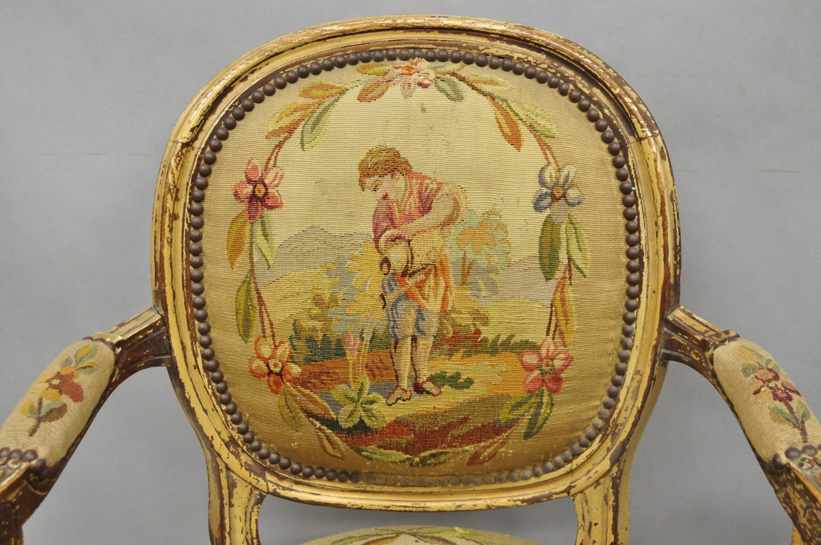 Antique French Louis XVI Style Aubusson Tapestry Fauteuil Arm Chairs - a Pair