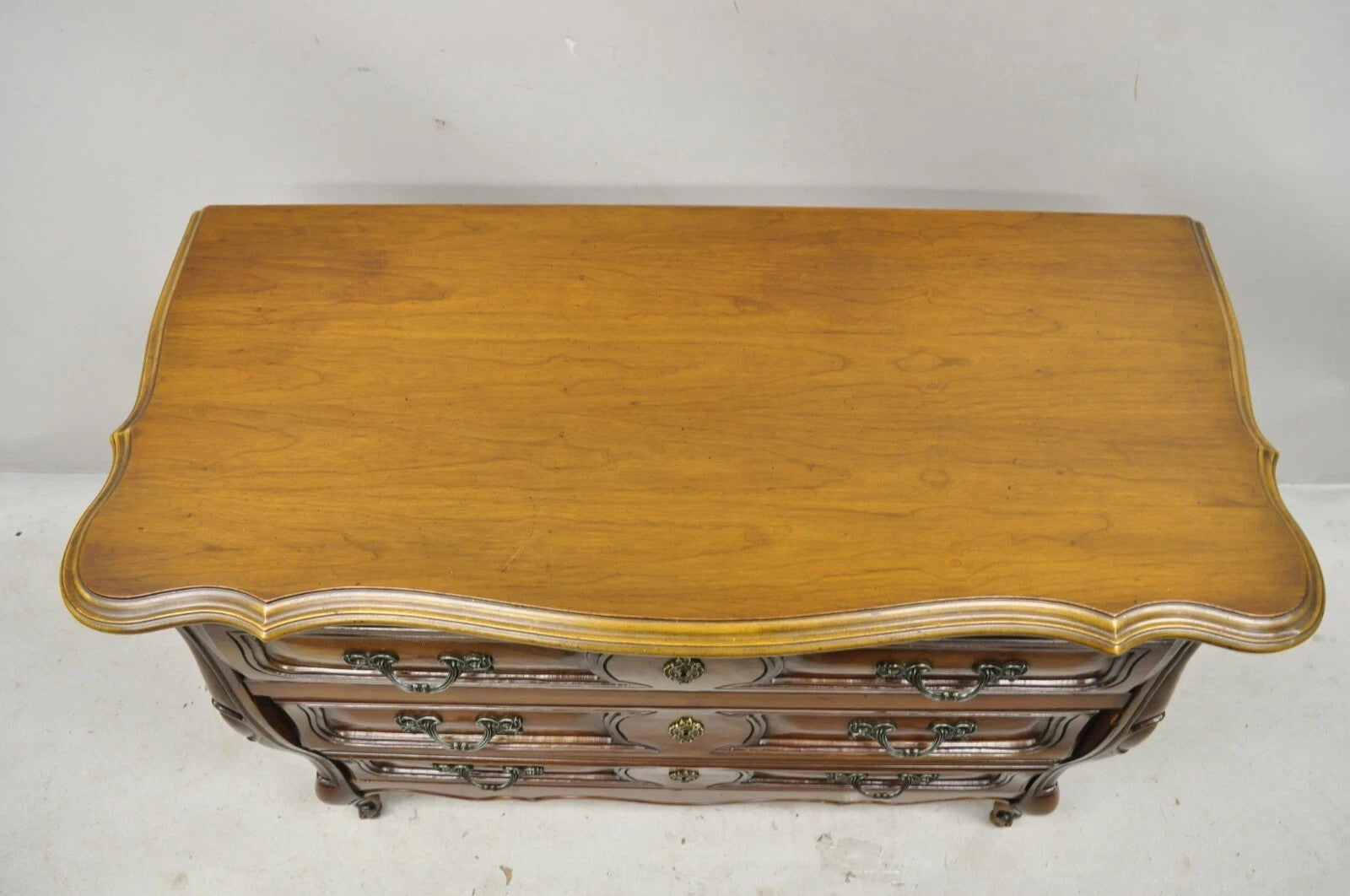 Vintage French Louis XV Country Style Sienna Cherry Bombe Commode Chest Dresser