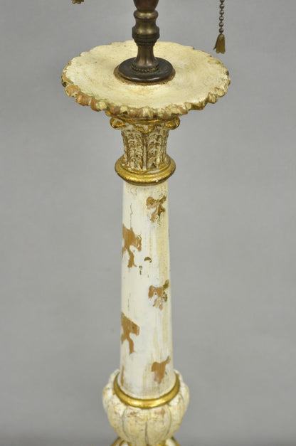 Antique Italian Hollywood Regency Cream Gold Giltwood Column Table Lamp w/ Swans