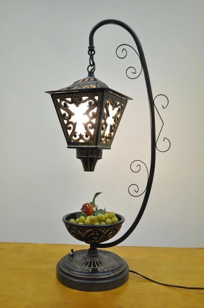 Vintage Italian Style Scrolling Metal Hanging Lantern Fruit Bowl Table Lamp