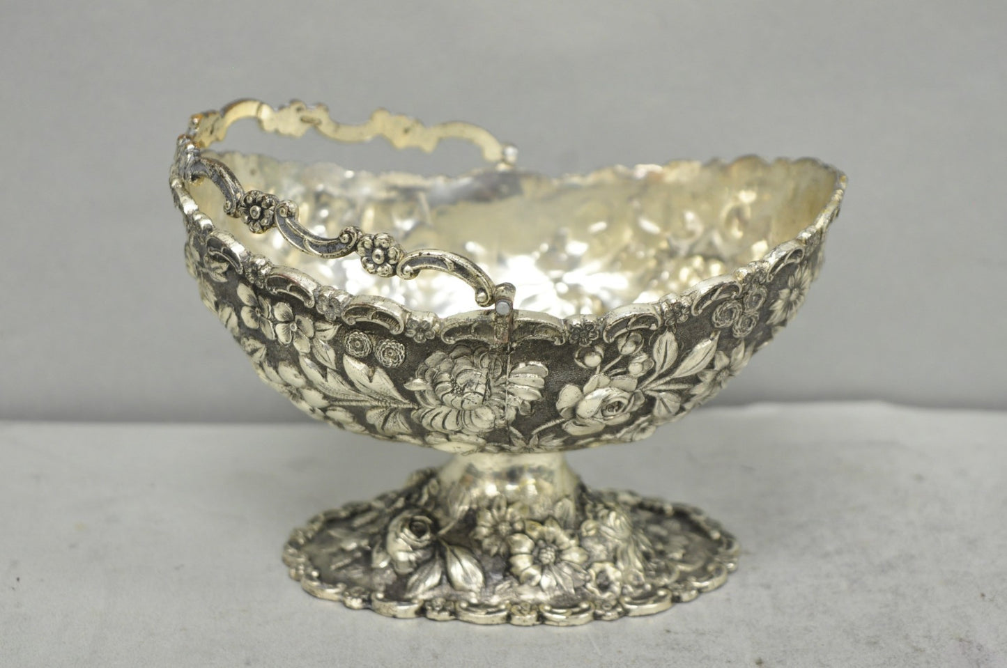 Antique Victorian Japanese Silver Plated Rose Flower Repousse Nut Bowl Dish