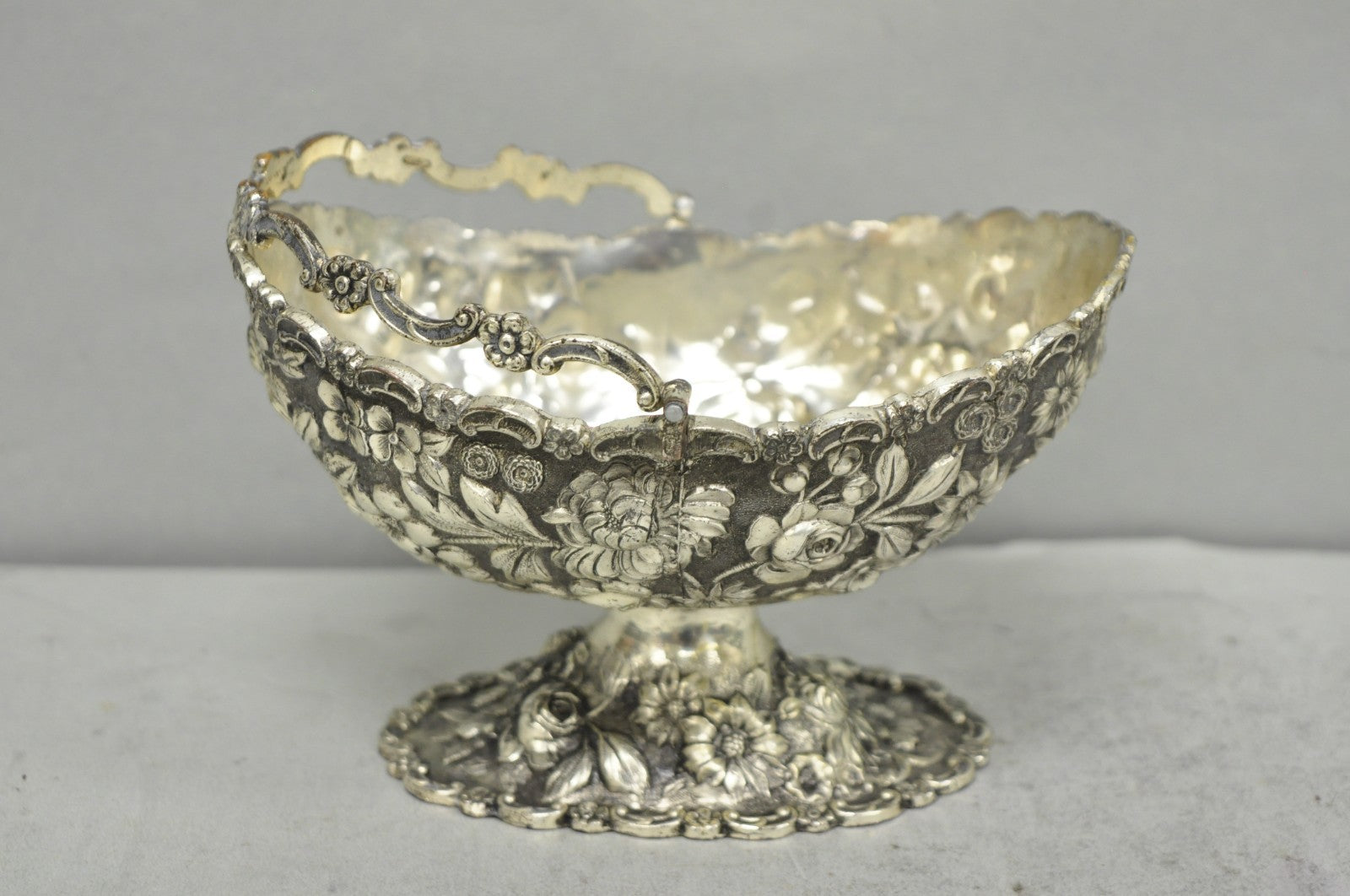 Antique Victorian Japanese Silver Plated Rose Flower Repousse Nut Bowl Dish