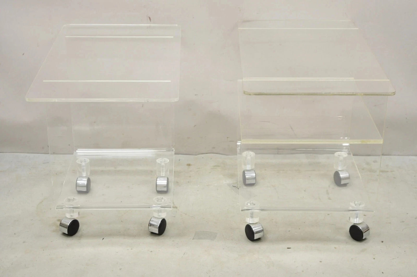 Vintage Clear Lucite Acrylic Mid Century Modern Rolling Side Tables - a Pair