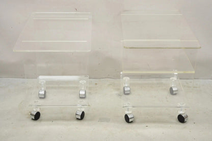 Vintage Clear Lucite Acrylic Mid Century Modern Rolling Side Tables - a Pair