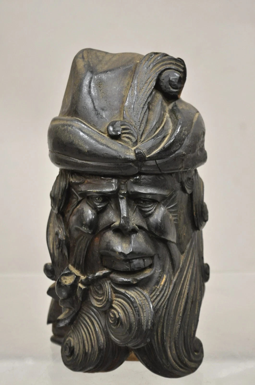 19th C European Black Forest Figural Wood Carved Bearded Man Lidded Tobacco Jar