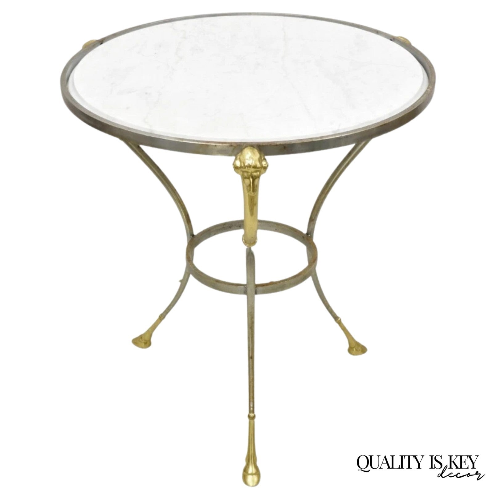 Italian Neoclassical Brass Rams Head Round Marble Steel Gueridon Side Table