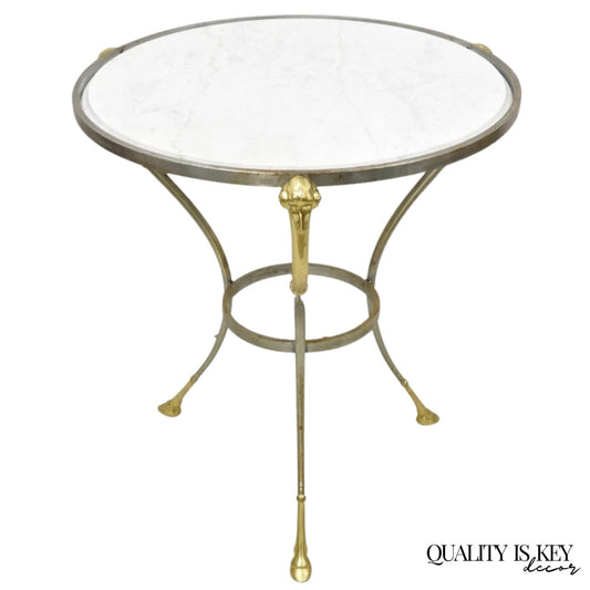 Italian Neoclassical Brass Rams Head Round Marble Steel Gueridon Side Table