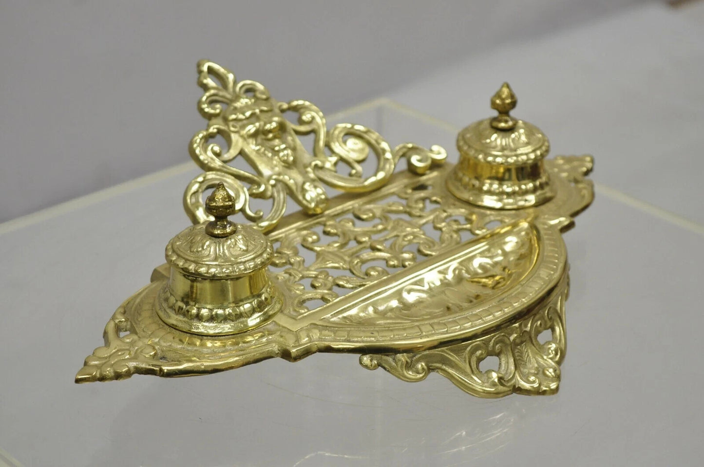 Vintage Renaissance Victorian Style Brass Lion Head Double Pen Desk Inkwell