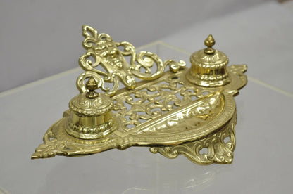 Vintage Renaissance Victorian Style Brass Lion Head Double Pen Desk Inkwell