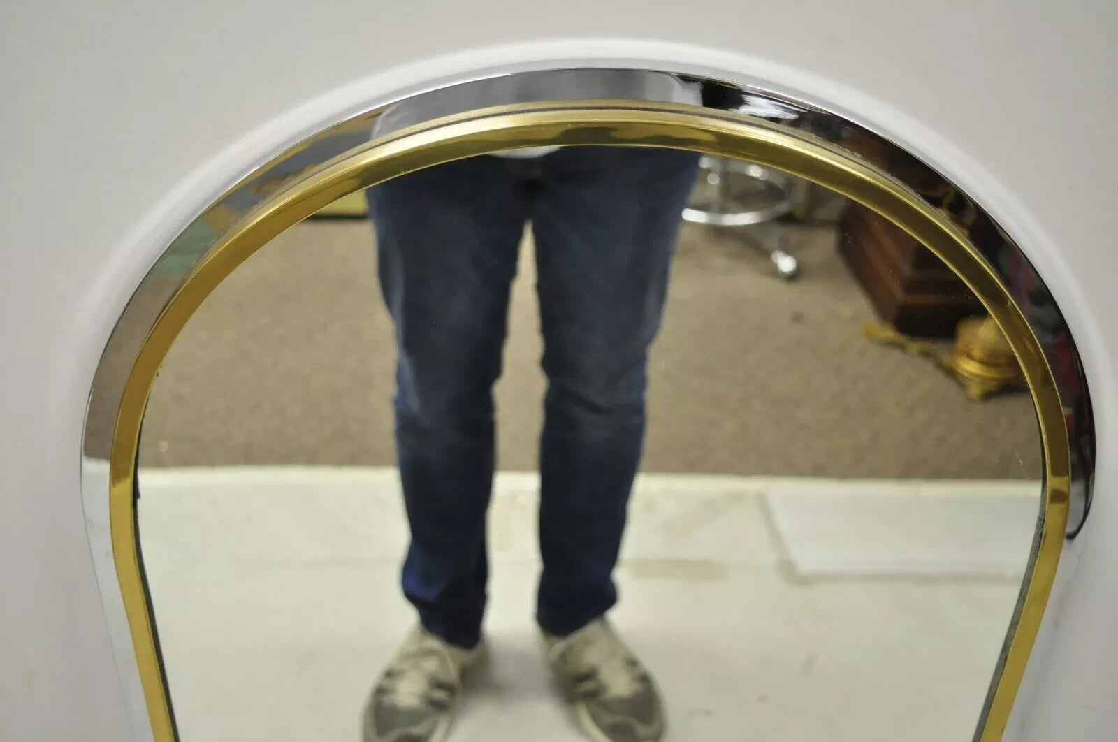 Italian Modernist Maison Jansen Style Steel Brass Chrome Arch 48" Wall Mirror