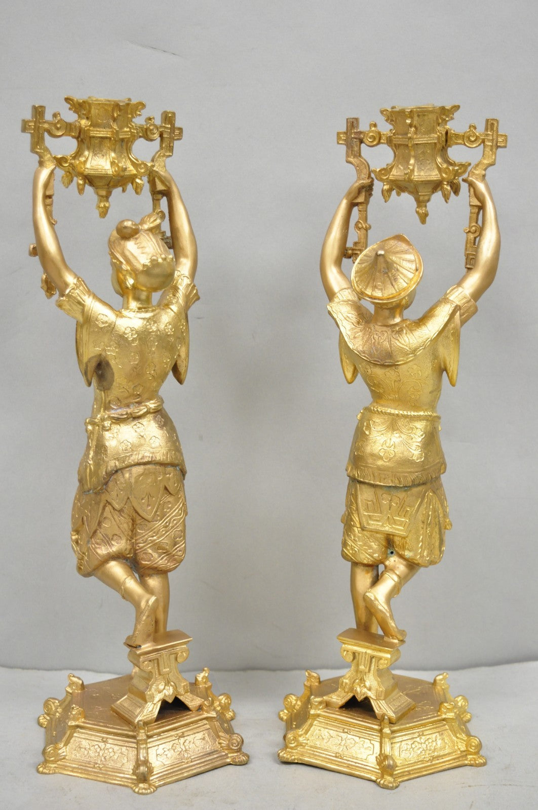 Antique Orientalist Gold Gilt Bronze Figural Male and Female Candlesticks - Pair