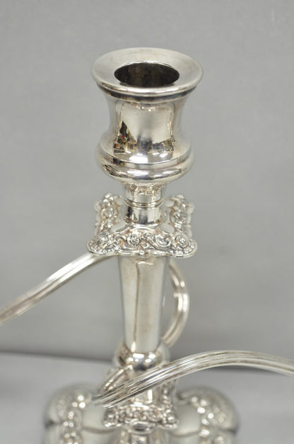 Antique E.G. Webster Victorian Silver Plated Scrolling 3 Arm Candelabra - a Pair