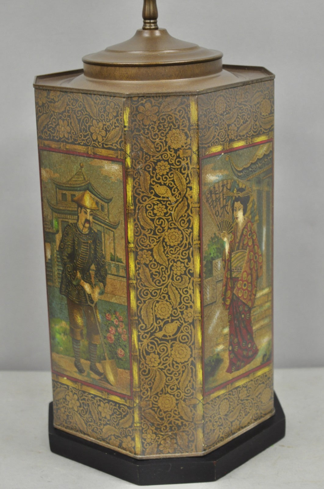 Vintage Chapman Oriental English Metal Tea Canister Figural Painted Table Lamp