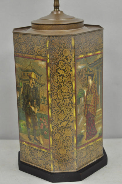 Vintage Chapman Oriental English Metal Tea Canister Figural Painted Table Lamp