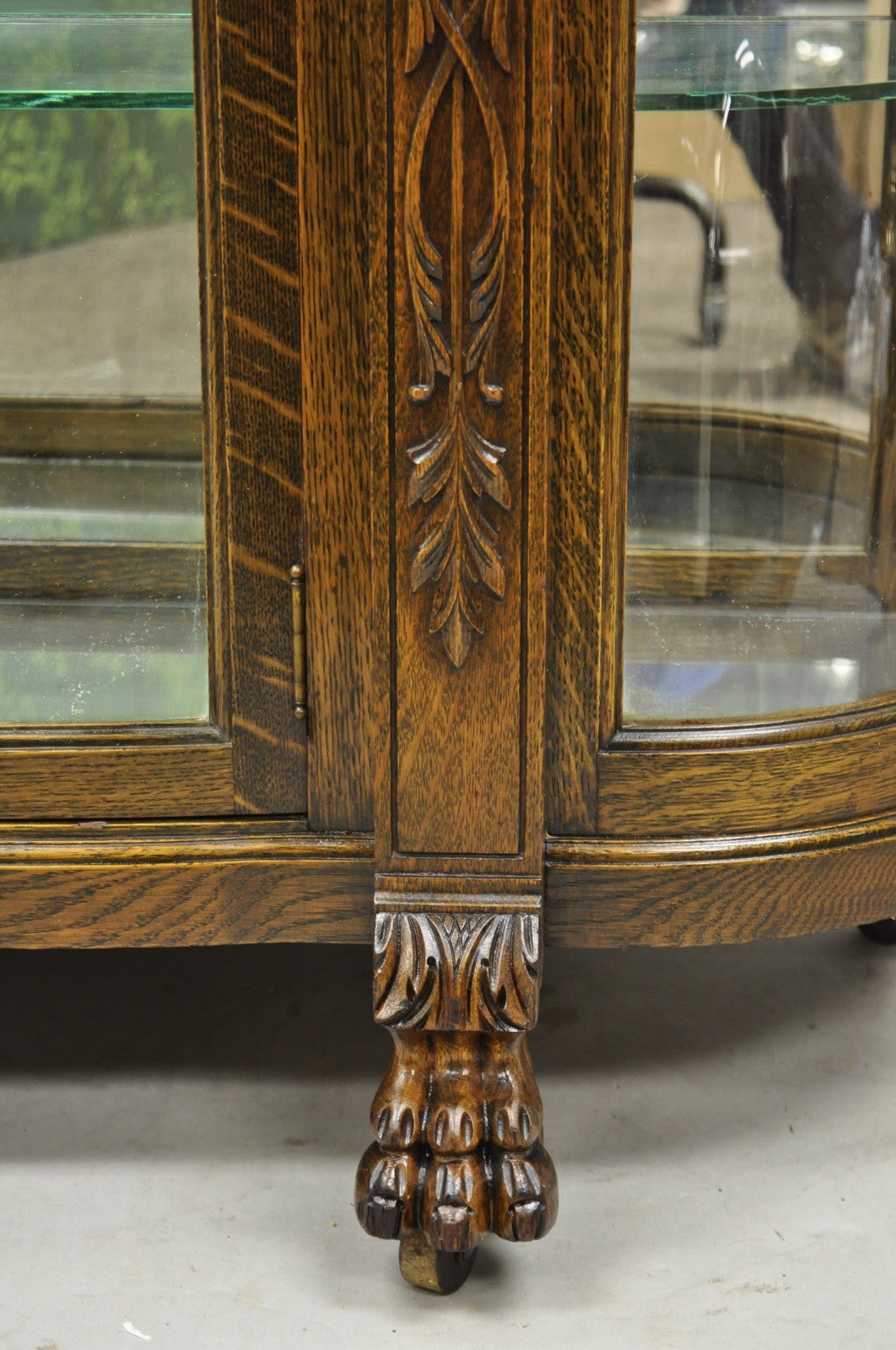 Antique American Empire Tiger Oak Curved Glass China Cabinet w/ Carved Griffins