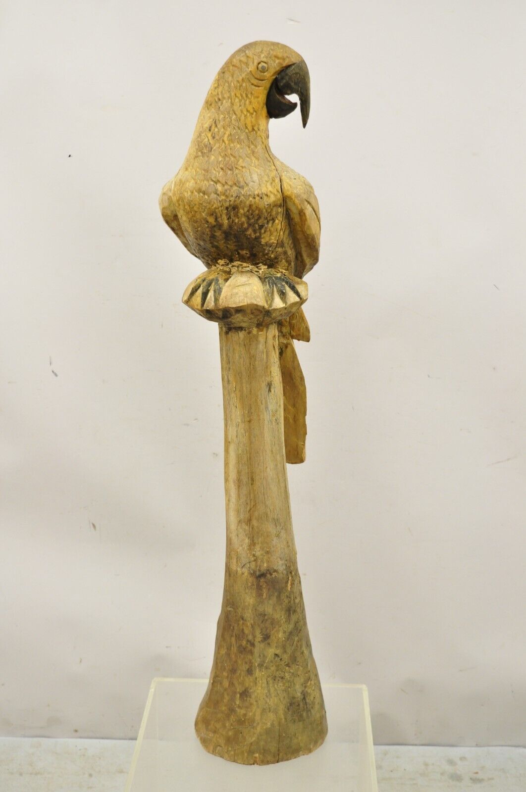 Large 46" Vintage Carved Wood Perched Parrot Bird Statue Sculpture