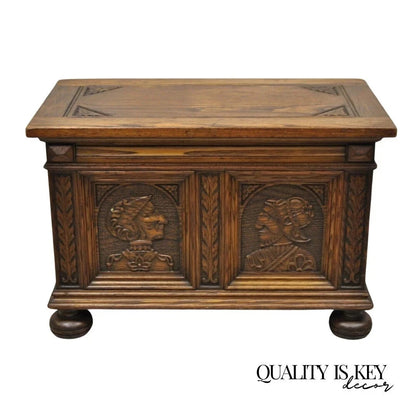 Antique Jacobean Oak Wood Figural Bust Carved Blanket Chest Trunk on Bun Feet