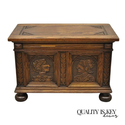 Antique Jacobean Oak Wood Figural Bust Carved Blanket Chest Trunk on Bun Feet