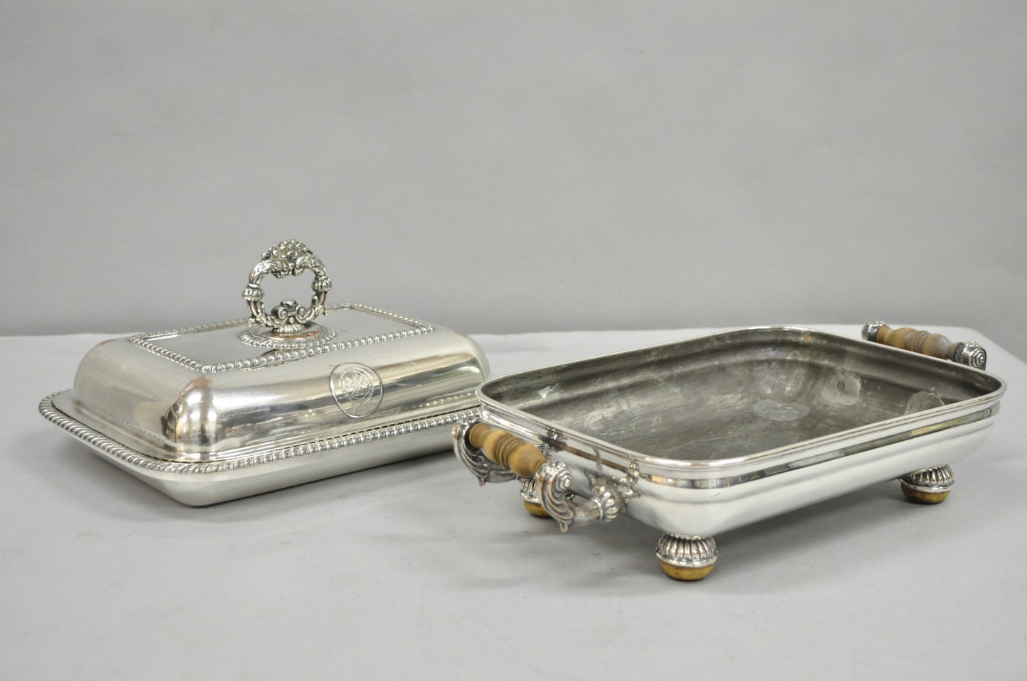 Antique English Georgian Silver Plated Covered Chafing Dish on Wooden Bun Feet