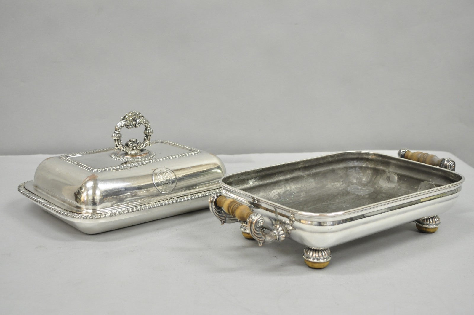 Antique English Georgian Silver Plated Covered Chafing Dish on Wooden Bun Feet