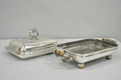 Antique English Georgian Silver Plated Covered Chafing Dish on Wooden Bun Feet