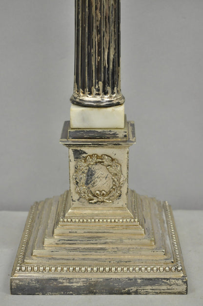 Antique French Empire Silver Plated Corinthian Column Candlestick Table Lamp