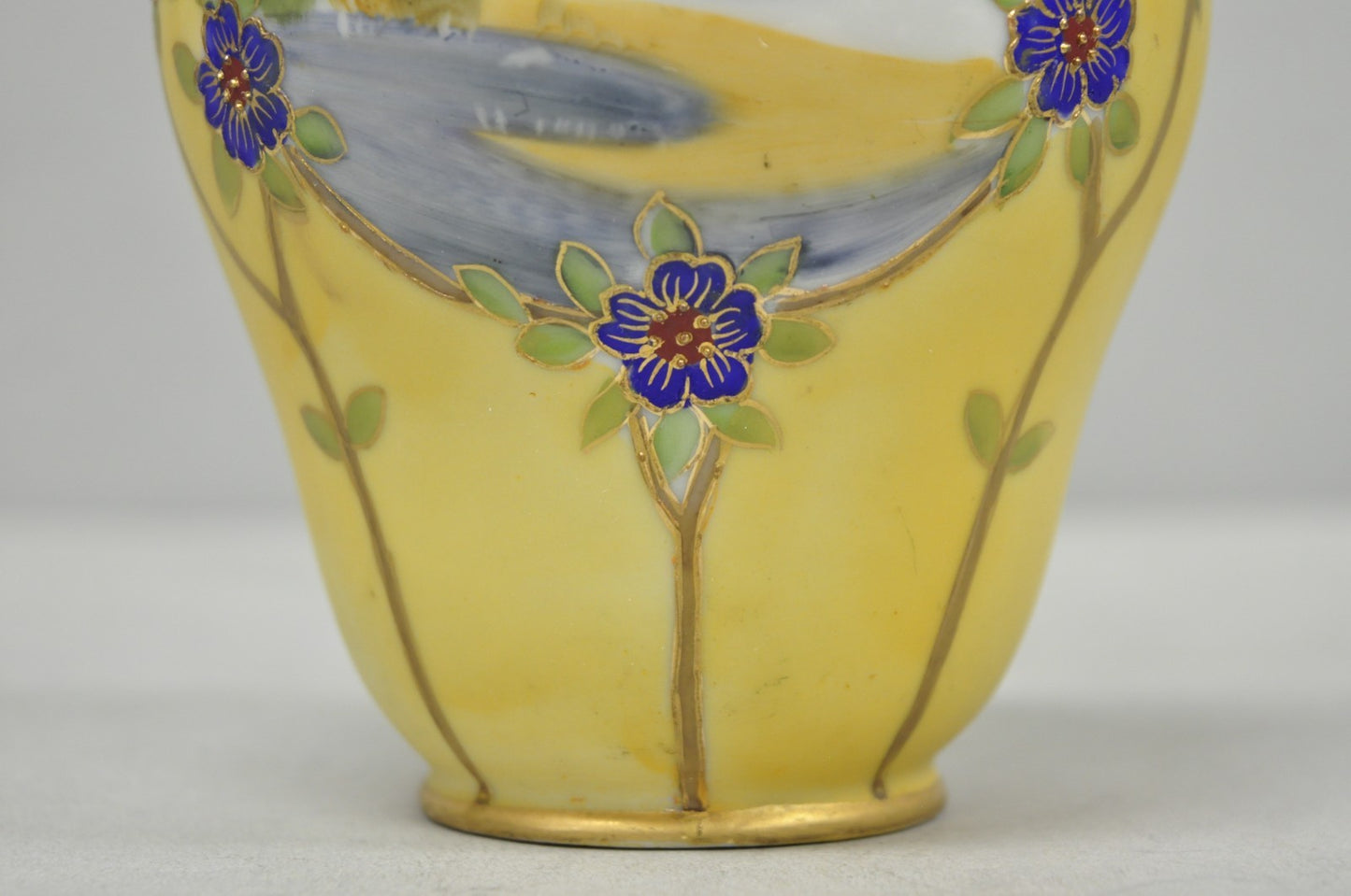 Antique Nippon Hand Painted Porcelain Moriage Mountain Scene Small Yellow Vase