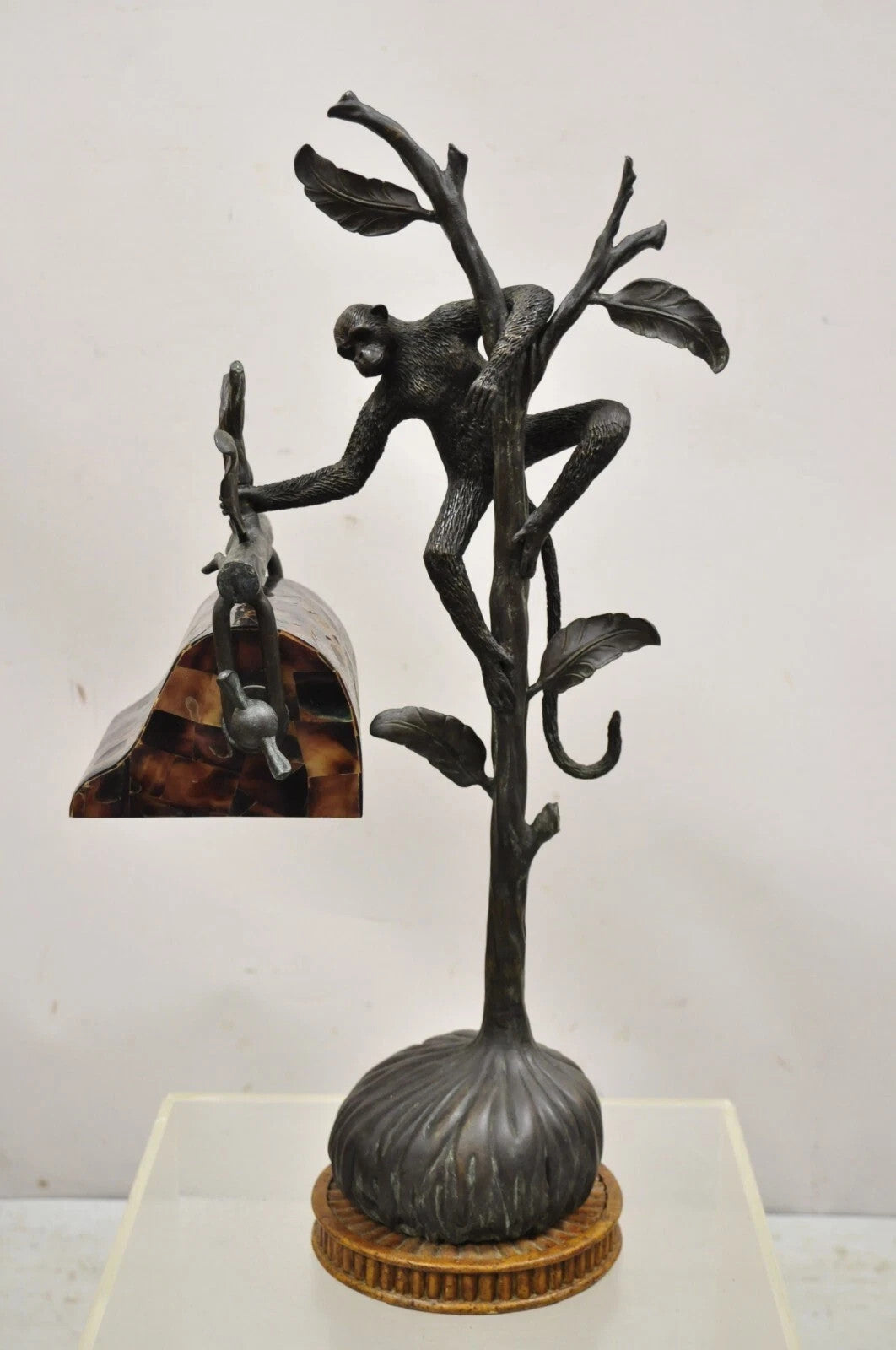 Maitland Smith Figural Bronze Monkey Desk Table Lamp Adjustable Pen Shell Shade