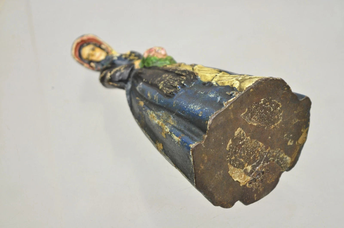 Antique Victorian Cast Iron Figural Colonial Woman Blue Dress Painted Door Stop