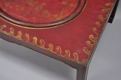 Vintage Chinoiserie Red Oriental Coffee Table with Tole Metal Serving Tray Top
