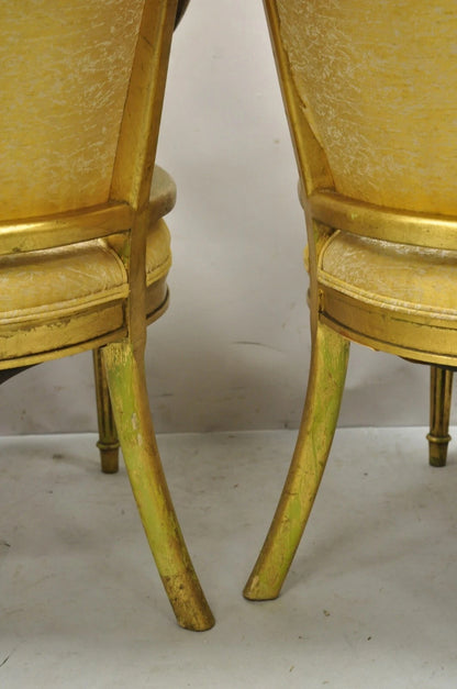 Vintage Italian Hollywood Regency Gold Gilt Barrel Back Cane Lounge Chairs, Pair