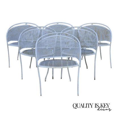 Vintage Mid Century Wrought Iron Barrel Back Patio Dining Arm Chairs - Set of 6