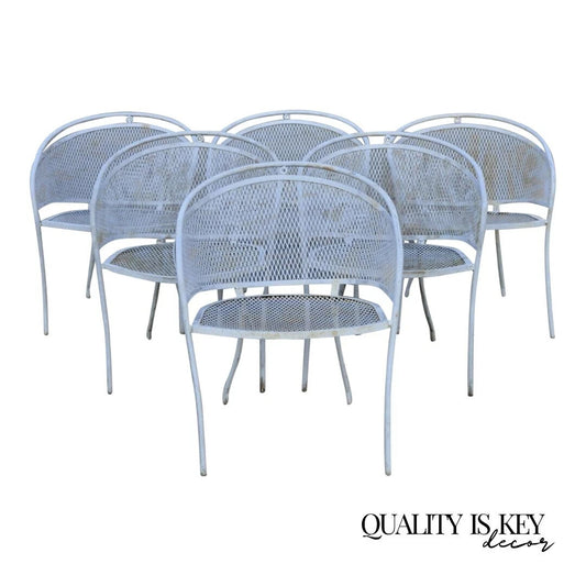 Vintage Mid Century Wrought Iron Barrel Back Patio Dining Arm Chairs - Set of 6