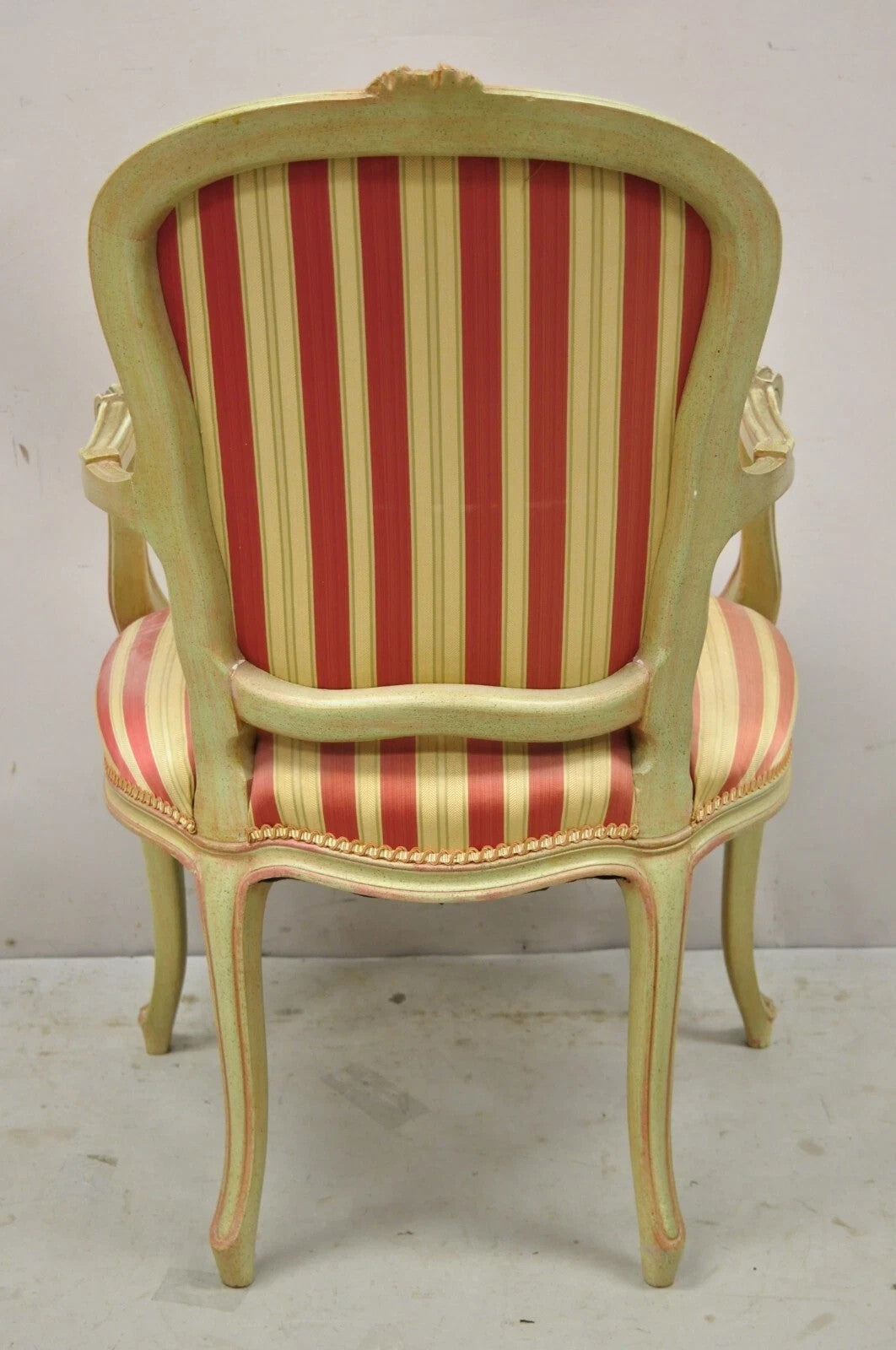 Vintage French Louis XV Style Green & Pink Painted Arm Chair w/ Striped Fabric