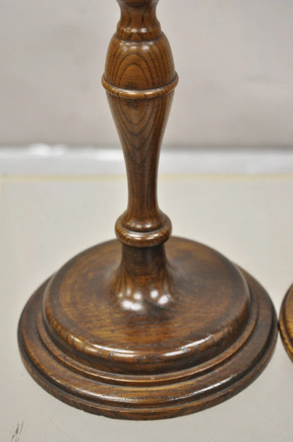 Vintage Italian Renaissance Jacobean Turn Carved Oak Wood 18.5" Candlestick Pair