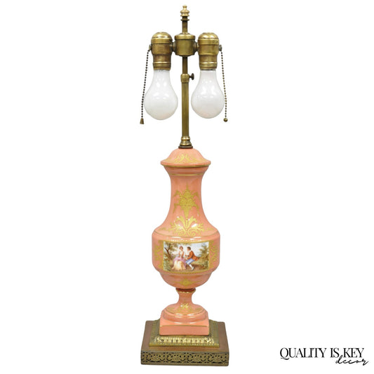 Antique French Victorian Salmon Coral Pink Porcelain Hand Painted Urn Table Lamp