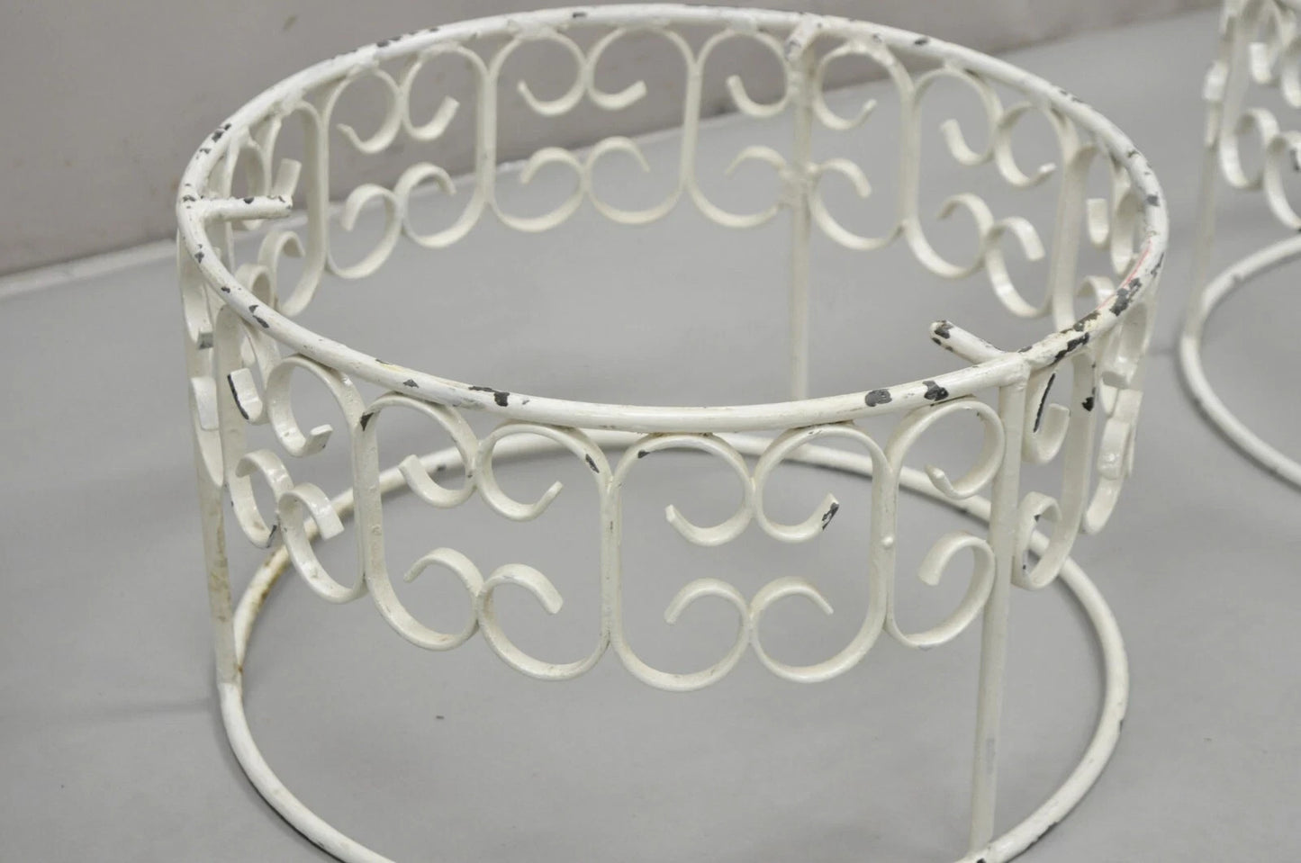 Vintage Arthur Umanoff Wrought Iron Scroll Low Round Glass Top Side Table - Pair