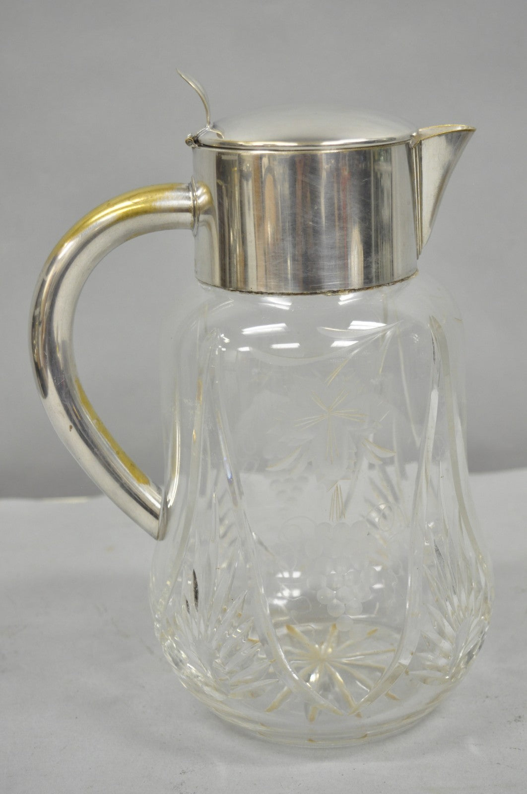 Antique Victorian German Silver Plated Cut Crystal Glass Lemonade Water Pitcher